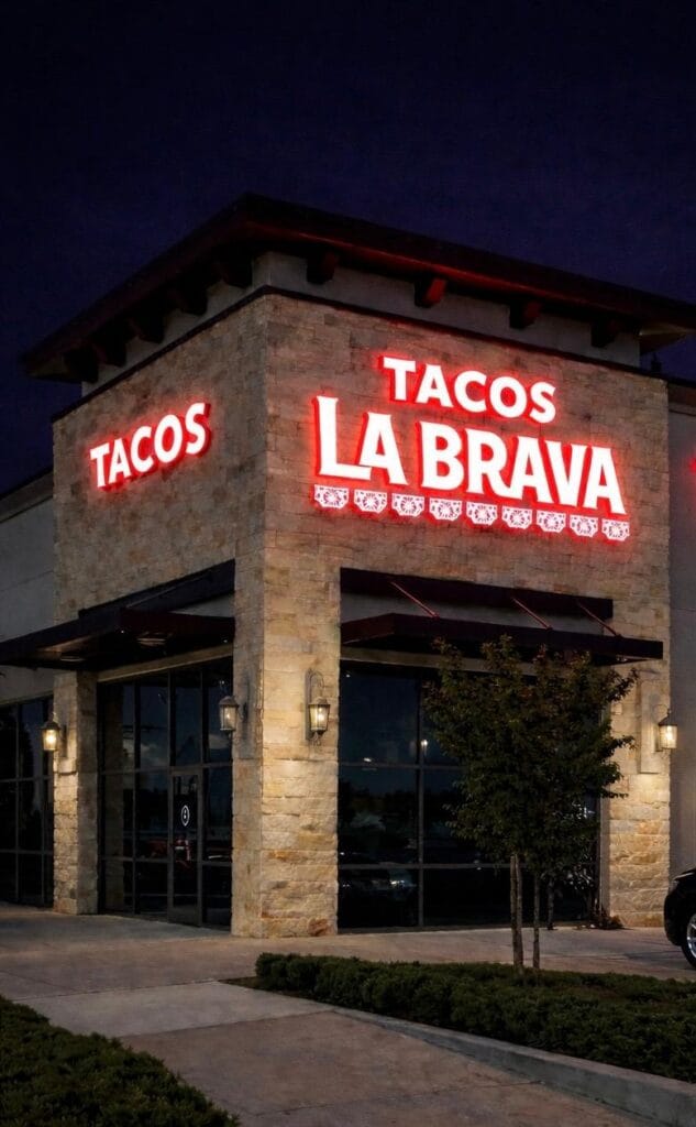 Illuminated channel letter storefront sign for restaurant in Katy Texas by Uni Signs