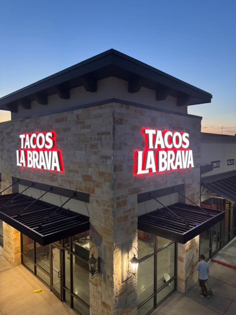 illuminated channel letter signs at night in katy tx - tacos la brava