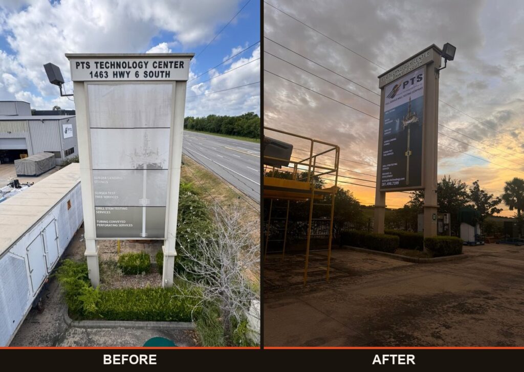 before and after refacing a pylon sign in Houston - PTS Technology Center on Highway 6 South