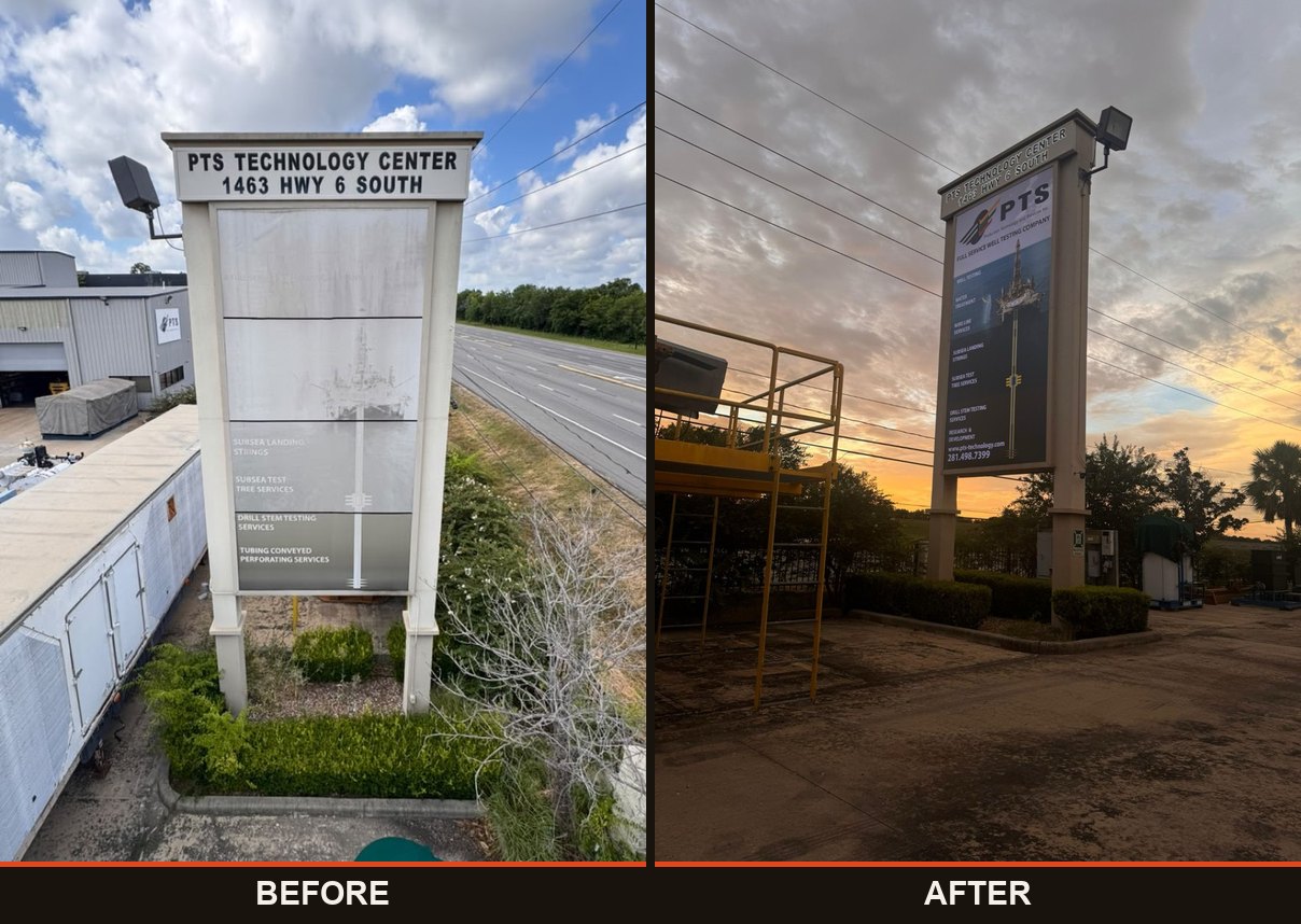before and after refacing a pylon sign in Houston - PTS Technology Center on Highway 6 South